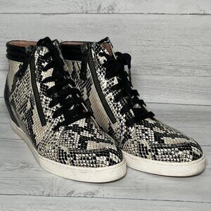 Linea Paolo Niya Wedge Street Style Sneakers in Cream/Black Snake Print Leather